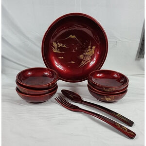Japanese Lacquer Over Wood Red Gold Mt Fuji Trim Flowers Salad Service For 6